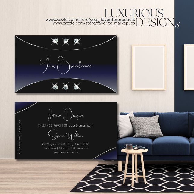 Tarjeta De Visita Azul negro con ornato plateado y diamantes espumos (Subido por el creador)