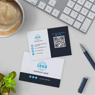 Tarjeta De Visita Azul negro profesional añada su código QR de logot
