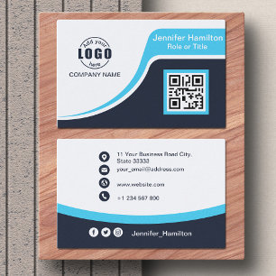 Tarjeta De Visita Azul negro profesional añada su código QR de logot
