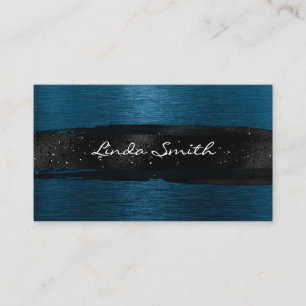 Tarjeta De Visita Azul Oceánico Metal Bruñido Trazo de Pincel Negro
