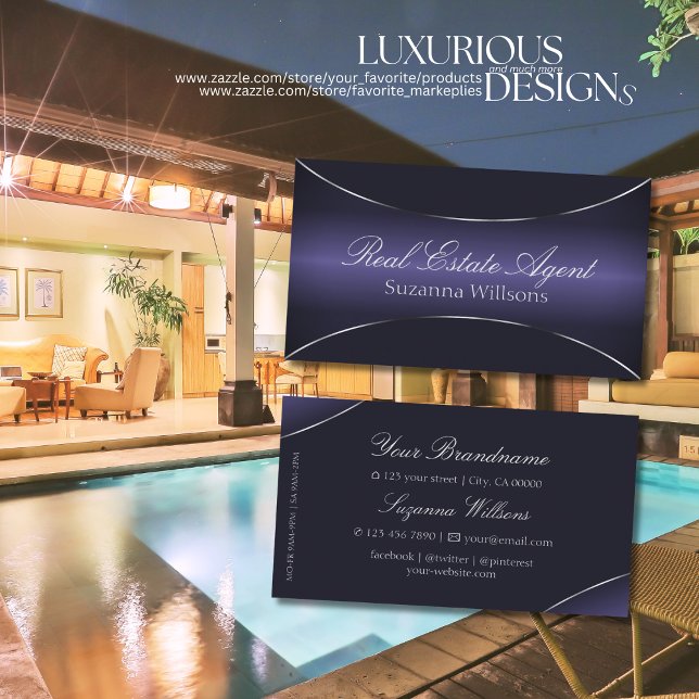 Tarjeta De Visita Azul oscuro moderno con borde plateado profesional (Subido por el creador)