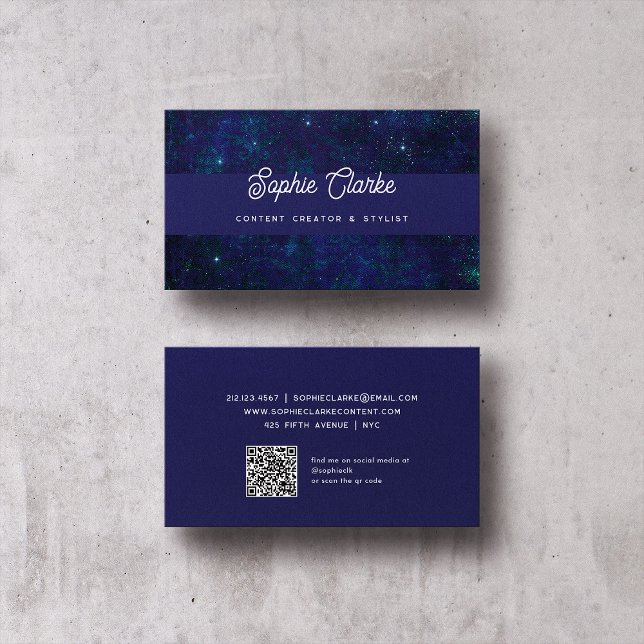 Tarjeta De Visita Azul oscuro moderno | Guión elegante con código QR (Subido por el creador)