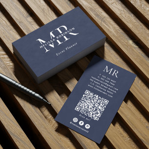 Tarjeta De Visita Azul Oscuro y Blanco Código QR de Monograma para R