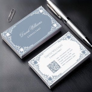 Tarjeta De Visita Azul Polvoriento Antiguo Elegante Código QR Blanco