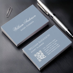 Tarjeta De Visita Azul Polvoriento Simple Código QR y Caligrafía