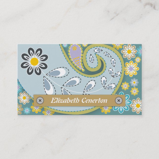 Tarjeta De Visita Azul retro, paisley verde oliva motivos florales (Anverso)