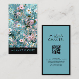 Tarjeta De Visita Azul Rosa Blanco Flor Florista Moderno y Tendencio