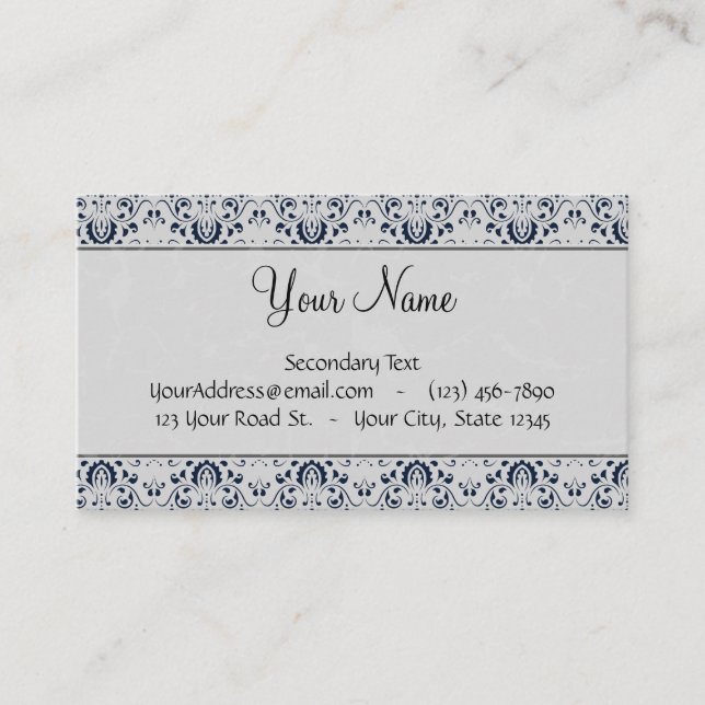 Tarjeta De Visita Azul sobre Damasco plateado con franjas de la mari (Anverso)