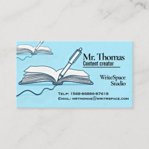 Tarjeta De Visita Azul Suave: Libros y Bolígrafos en Diseño Minimali