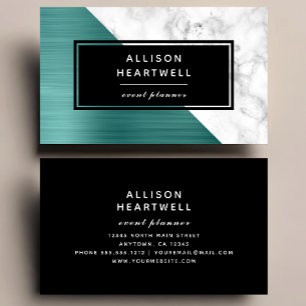 Tarjeta De Visita Azul Teal Moderno Metal Cepillado Mármol Blanco Ne