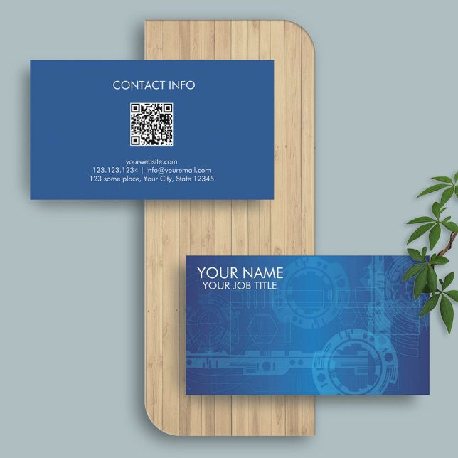 Tarjeta De Visita Azul tecnológico | Código QR técnico moderno Minim (Subido por el creador)