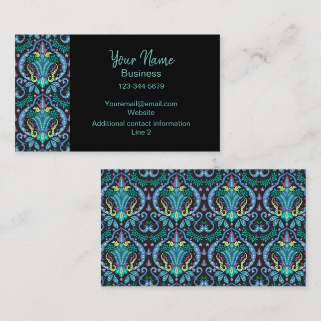 Tarjeta De Visita Azul turquesa Azul moderno Damasco arte Floral grá (Anverso / Reverso)