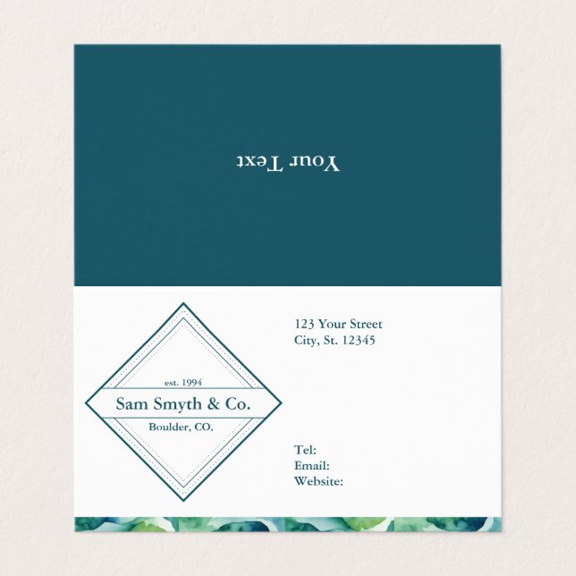 Tarjeta De Visita Azul/Verde sobre el diseño de una empresa blanca (Exterior desplegado)