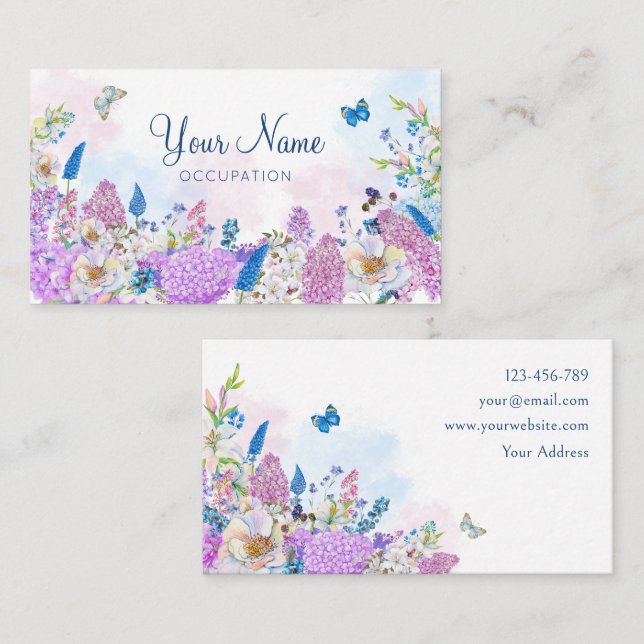 Tarjeta De Visita Azul violeta Fresco Floral florecimiento del veran (Anverso / Reverso)