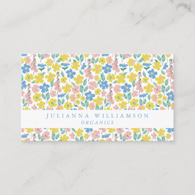 Tarjeta De Visita Azul y amarillo marrón floral moderna (Anverso)