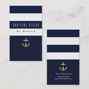 Tarjeta De Visita Azul y Blanco a Rayas Náutico Ancla Dorada