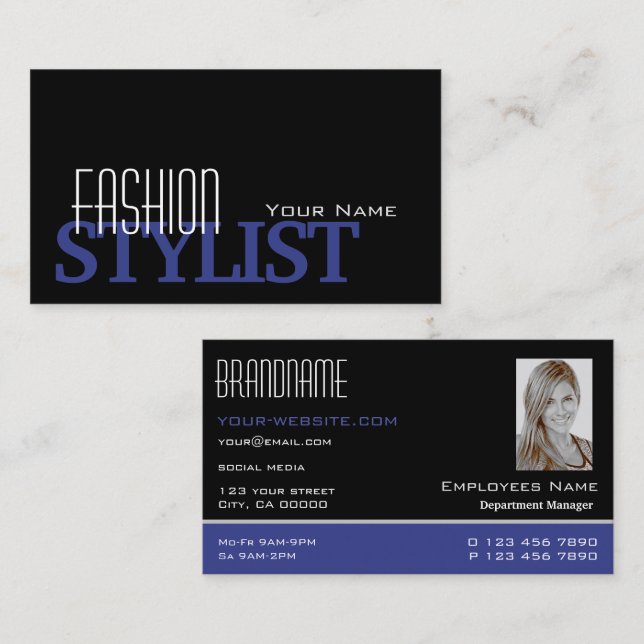 Tarjeta De Visita Azul y blanco negro de moda con profesional fotogr (Anverso / Reverso)