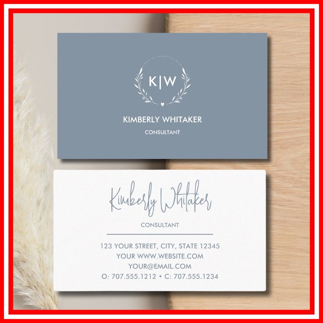 Tarjeta De Visita Azul y blanco polvorientos | Monograma de Iniciale (Dusty Blue and White | Modern Initials Monogram Business Card)