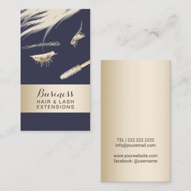 Tarjeta De Visita Azul y oro modernos del salón de las extensiones (Anverso / Reverso)