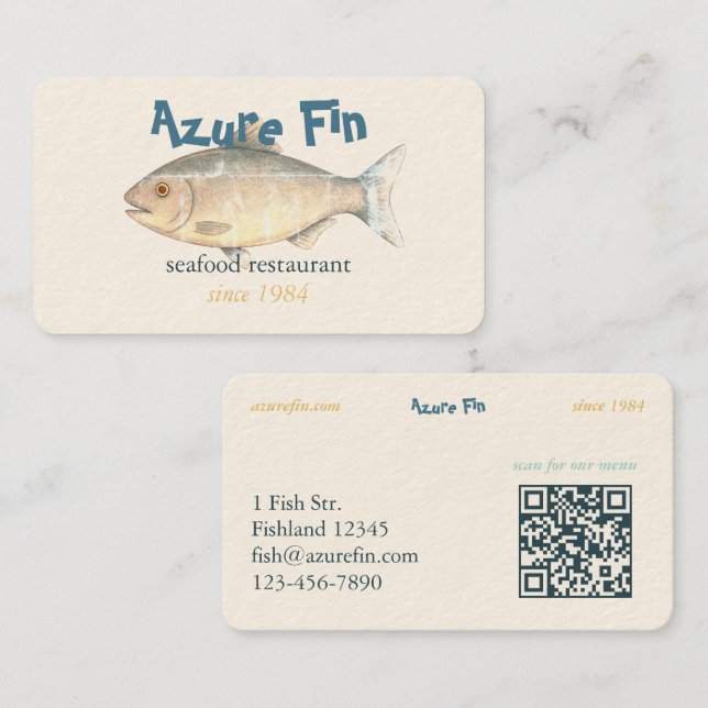 Tarjeta De Visita Azure Fin Classic Fish Restaurant QR Code (Anverso / Reverso)