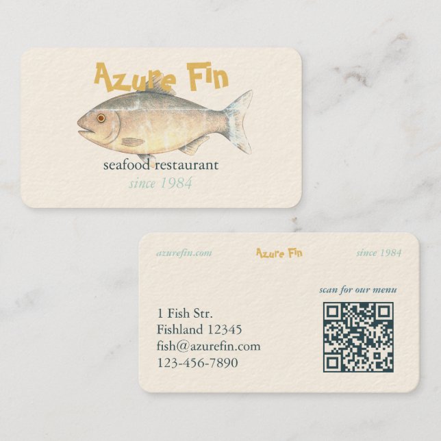 Tarjeta De Visita Azure Fin Classic Fish Restaurant QR Code (Anverso / Reverso)