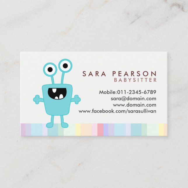 Tarjeta De Visita Babysitter Cute Cyan Monster Alien Business Card (Anverso)
