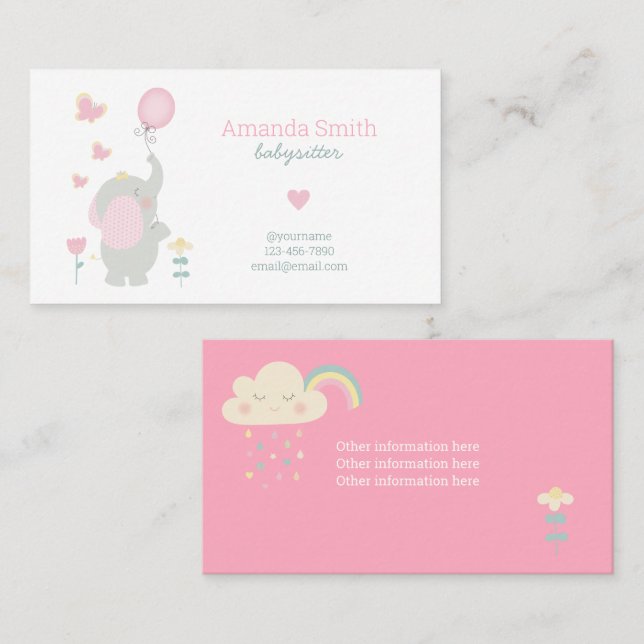 Tarjeta De Visita Babysitter Cute Elephant Baby Service (Anverso / Reverso)