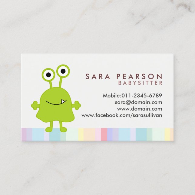 Tarjeta De Visita Babysitter Cute Green Monster Alien Business Card (Anverso)