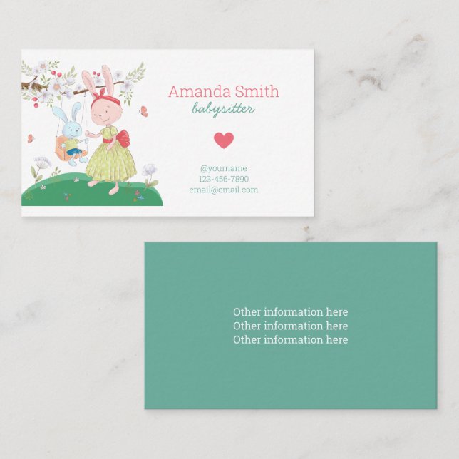 Tarjeta De Visita Babysitter Cute Rabbit Babysit Service (Anverso / Reverso)