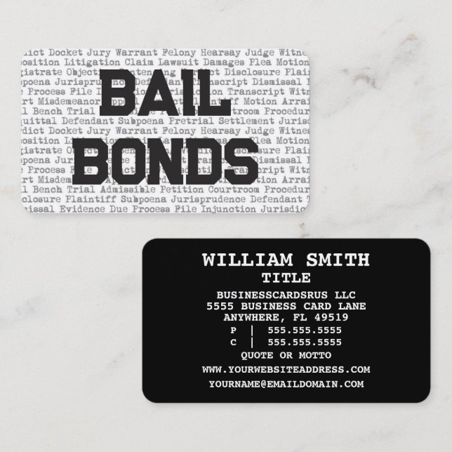 Tarjeta De Visita Bail Bonds Legal Words Business Card (Anverso / Reverso)