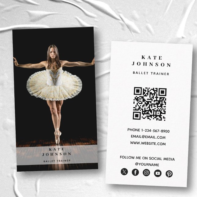 Tarjeta De Visita Bailarín de bailarina de ballet Foto de medios soc (Ballet Trainer Dancer Photo Social Media QR Code Business Card)