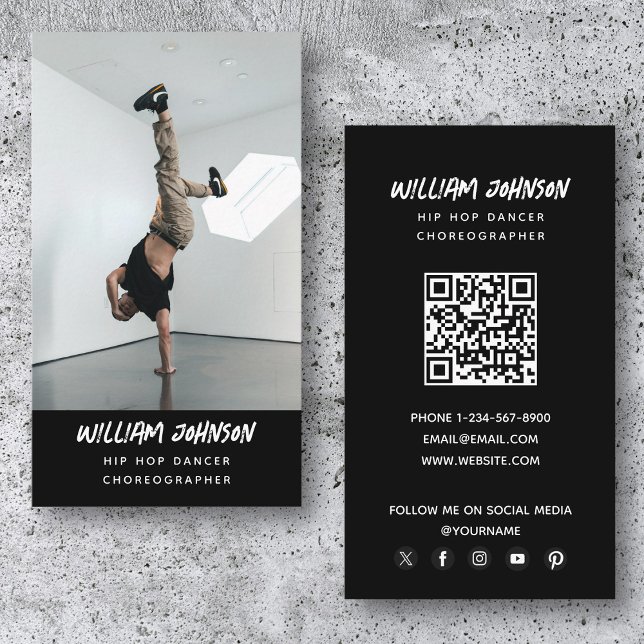Tarjeta De Visita Bailarina de hip hop moderna foto social media QR  (Hip Hop Dancer Modern Photo Social Media QR Code Business Card)