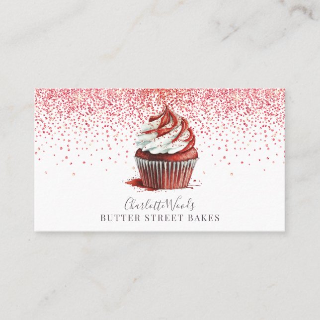 Tarjeta De Visita Baker Pastry Chef Red Velvet Cupcake Purpurina ros (Anverso)