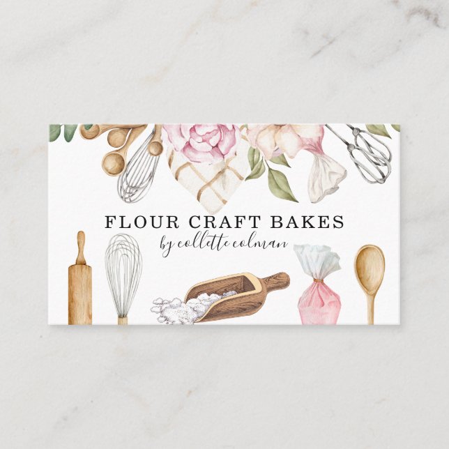 Tarjeta De Visita Baker Pastry Watercolor Floral Tools (Anverso)