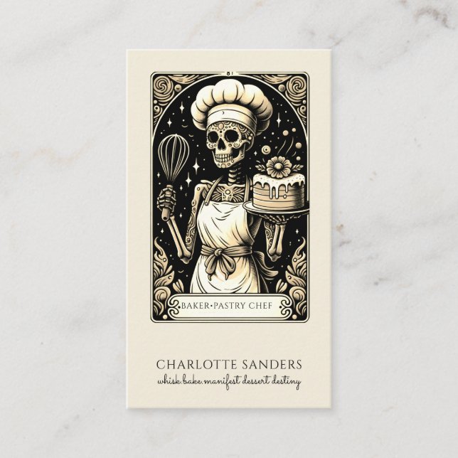 Tarjeta De Visita Baker Skeleton Sepia Tarot Estética (Anverso)
