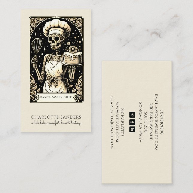 Tarjeta De Visita Baker Skeleton Sepia Tarot Estética (Anverso / Reverso)