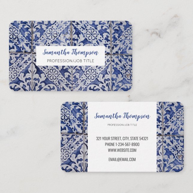 Tarjeta De Visita Baldosas portuguesas - Azulejo Floral azul y blanc (Anverso / Reverso)