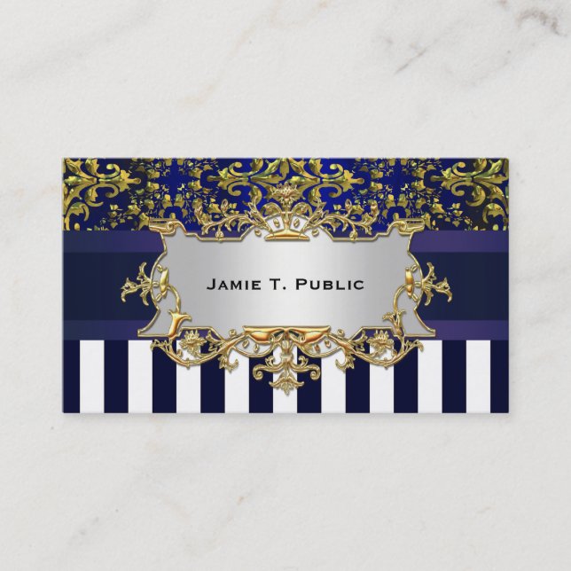 Tarjeta De Visita Banda blanca azul Damask, cinta azul, dorada \Labe (Anverso)
