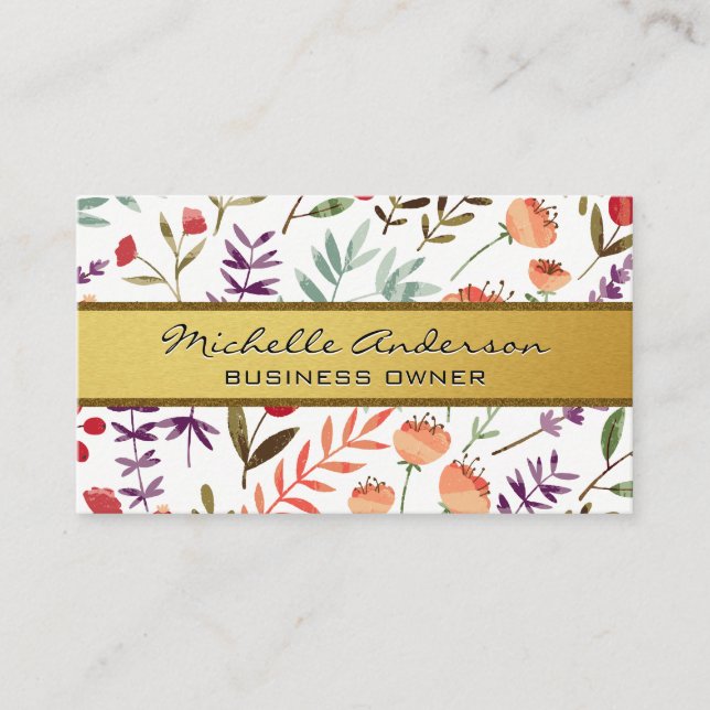 Tarjeta De Visita Banda metálica de oro | Patrón de flores y hojas (Anverso)