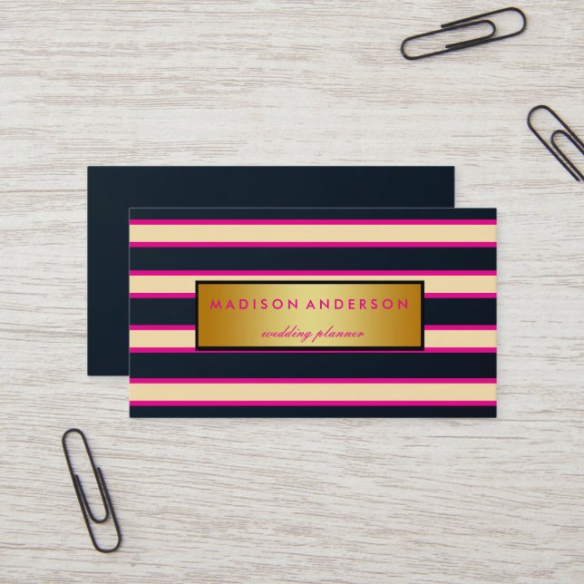 Tarjeta De Visita Bandas de Moda rosada y blanca en oro (Anverso/Reverso In Situ)