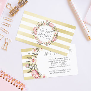 Tarjeta De Visita Bandas de oro modernas y Rosas florales rosas