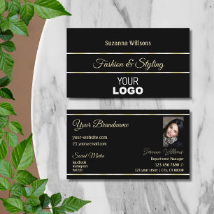 Tarjeta De Visita Bandas de oro negras de moda con logotipo y foto