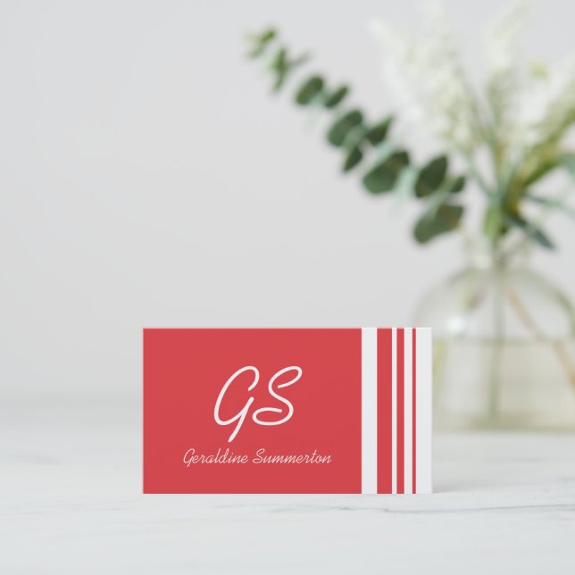 Tarjeta De Visita Bandas de trío rojo monogramo con blanco (Anverso de pie)