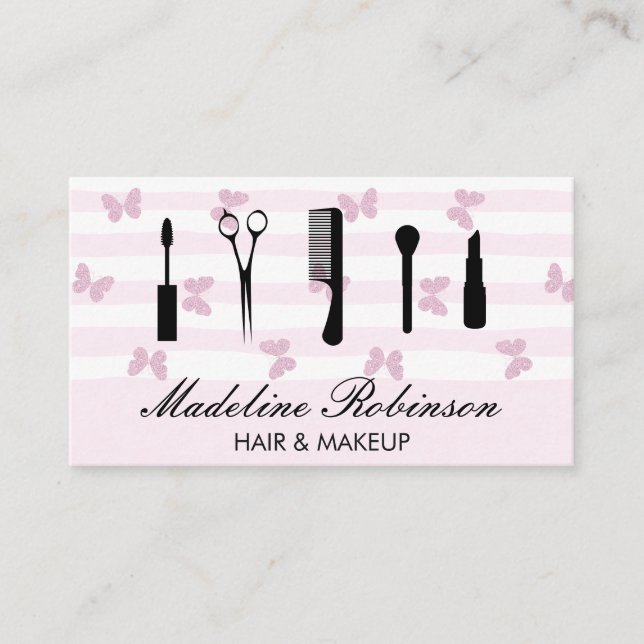 Tarjeta De Visita Bandas rosadas | Mariposas Purpurinas | Herramient (Anverso)