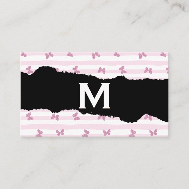 Tarjeta De Visita Bandas rosadas | Mariposas Purpurinas | Monograma  (Anverso)