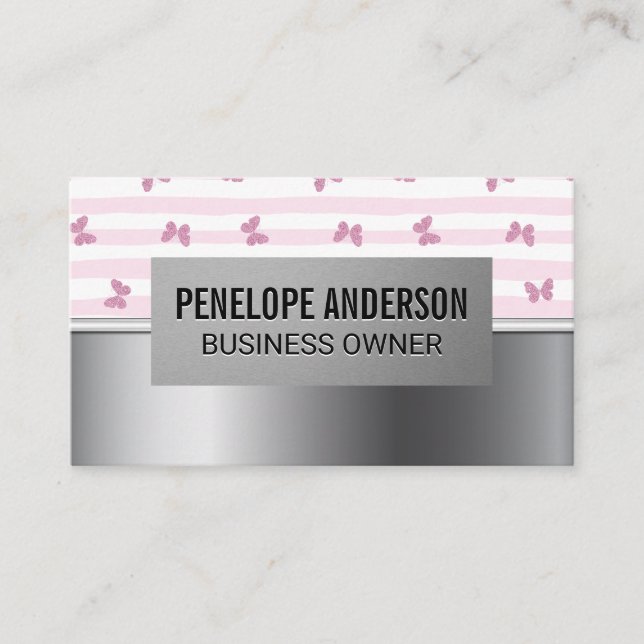 Tarjeta De Visita Bandas rosadas | Mariposas Purpurinas | Plata Meta (Anverso)
