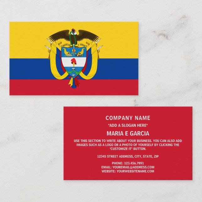 Tarjeta De Visita Bandera colombiana y escudo de armas, bandera de C (Anverso / Reverso)