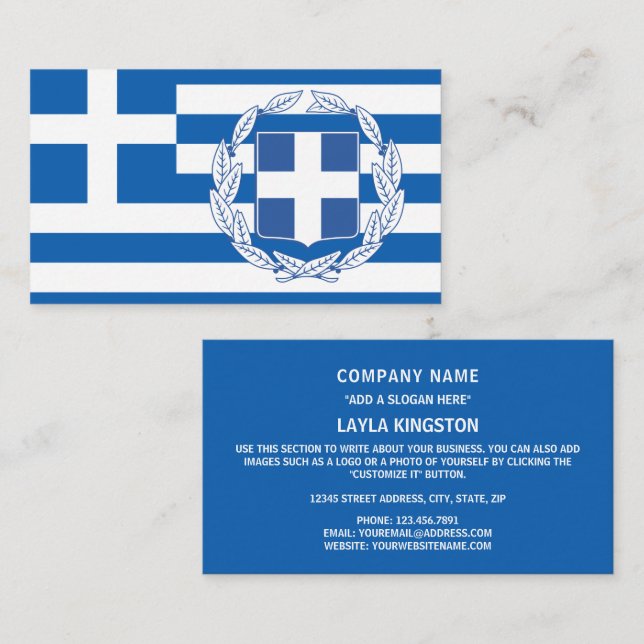 Tarjeta De Visita Bandera griega y escudo de armas, bandera de Greci (Anverso / Reverso)