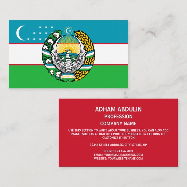 Tarjeta De Visita Bandera uzbeka y emblema estatal, bandera de Uzbek (Anverso / Reverso)