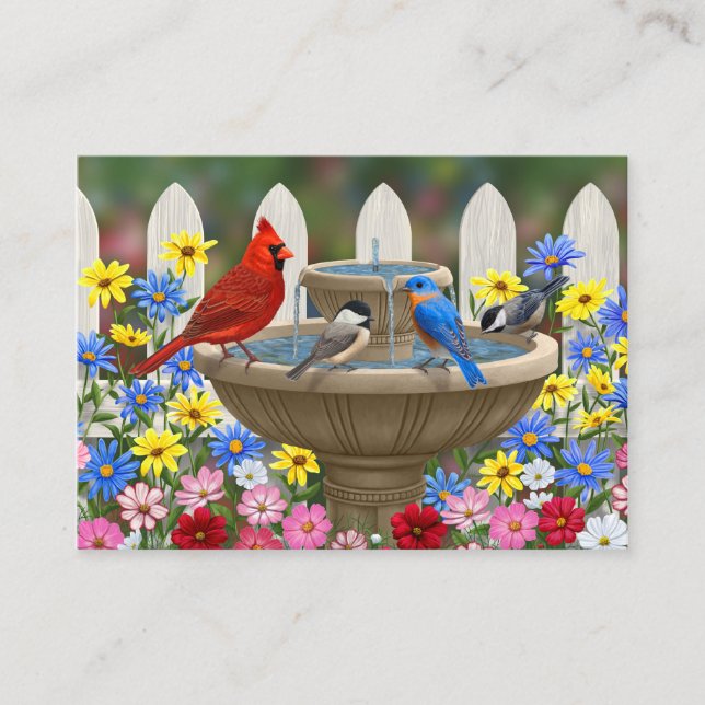 Tarjeta De Visita Bañera de pájaro de un jardín de primavera colorid (Anverso)